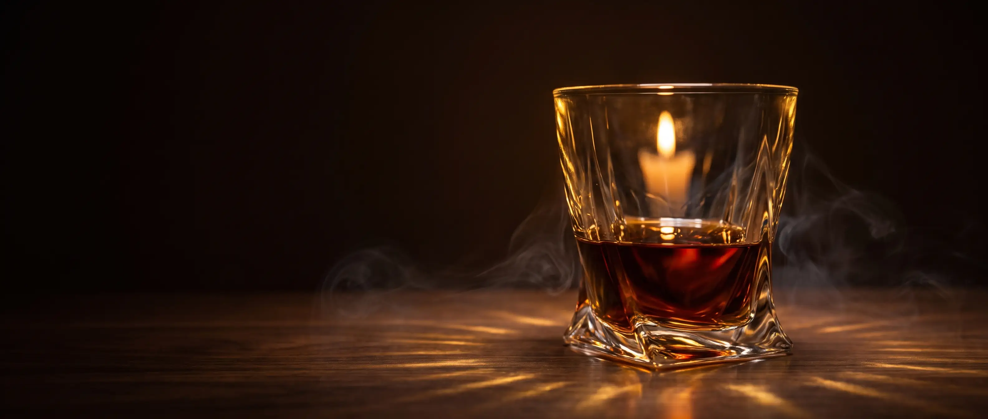Sklenice whisky v teplém světle svíčky